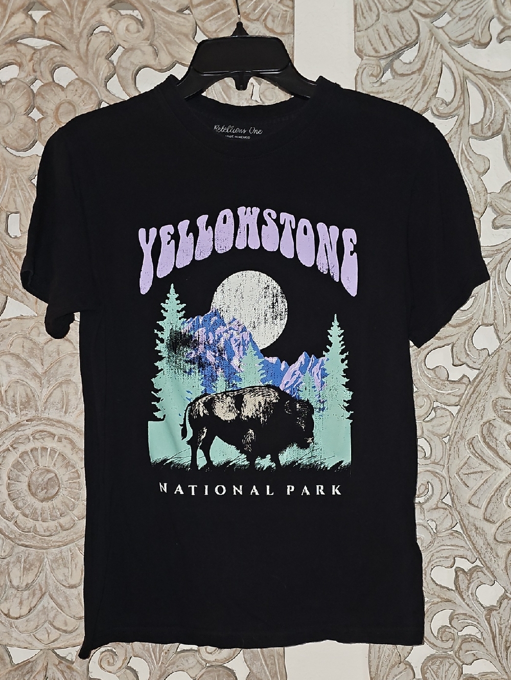Yellowstone National Park Graphic Tee - Black with Pastel Print